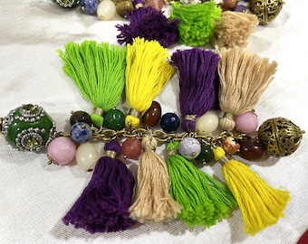 Tassels, Ethnic Bead Tassels, Decorative Chain Tassels, Beaded Tassels, Indian Cotton Tassels, Craft Supplies -2 pcs