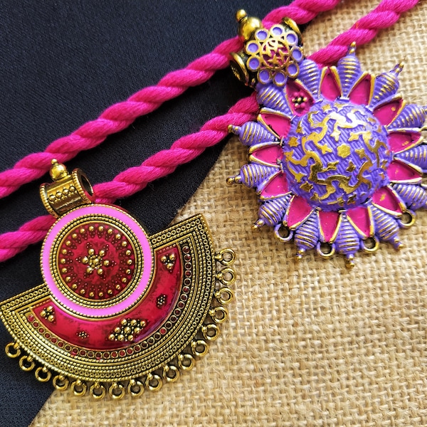 Antique Gold Metal Pendants, Ethnic Necklace Pendants, Indian Jewelry Supplies, Pendant Connectors with Meena work - set of 2