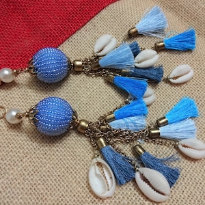 2 Pcs Cowrie Tassel, Silk Tassel, Chain Tassel, Purse & Handbag Decoration, Tassel with Silk Tassels, Indian Tassels - Blue