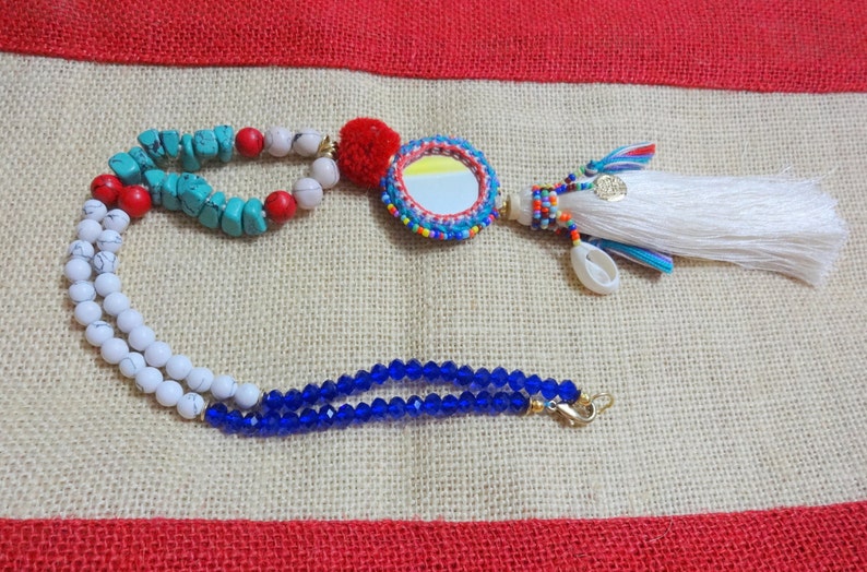 1 pc Mirror Necklace with Cowry Shell Beaded Ethnic Necklace Indian Tassel Necklace with Gemstone Beads Boho gypsy Necklace