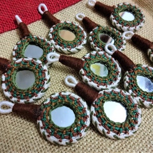 Appliques, Mirror Appliques, Kutch Hand Embroidered Appliques, Decorative Appliques, Banjara Appliques, Indian Mirror Tassels - Green/Brown