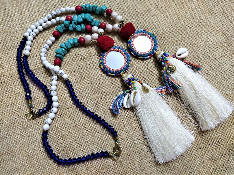 1 pc Mirror Necklace with Cowry Shell Beaded Ethnic Necklace Indian Tassel Necklace with Gemstone Beads Boho gypsy Necklace