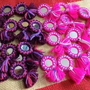 Appliques, Mirror Appliques, Kutch Hand Embroidered Appliques, Decorative Appliques, Woolen Tassels, Indian Tassels - Purple 6 pcs