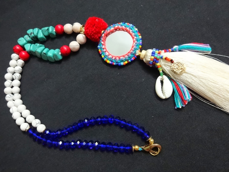 1 pc Mirror Necklace with Cowry Shell Beaded Ethnic Necklace Indian Tassel Necklace with Gemstone Beads Boho gypsy Necklace