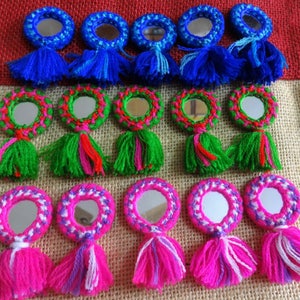 Appliques, Mirror Appliques, Kutch Hand Embroidered Appliques, Decorative Appliques, Woolen Tassels, Indian Tassels - Green 6 pcs