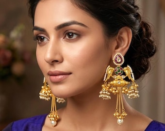 Indian Jewelry, Kashmiri Brass Kundan Earring, Ethnic Fusion Bollywood Earring, Gold Plated Festive Wedding Earring, Jhumka Ghungroo Earring