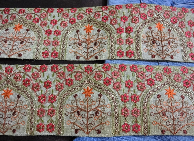 1 yard Indian Embroidered Trim,Craft Trim,Beige Decorative Ribbon,Floral Zari Trim,Sari Border,Wedding,Bridal,Designer Sewing Laces