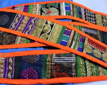 Indian Patch Embroidered Lace, Ethnic Trim, Sari Border, Broad Fabric Sewing Crafting Boho Zari Lace - one yard Orange