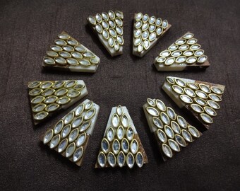 Wooden Beads, Large Wood Beads, Spacer Beads, Triangular Beads, Wood Buttons with Indian Kundan Work - 2 pcs
