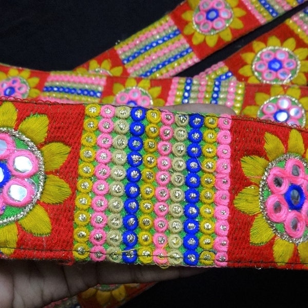 Indian Embroidered Trim, Embroidered Decorative Ribbon, Multicolor Trim, Sari Border, Sewing Crafting Laces - 1 yard