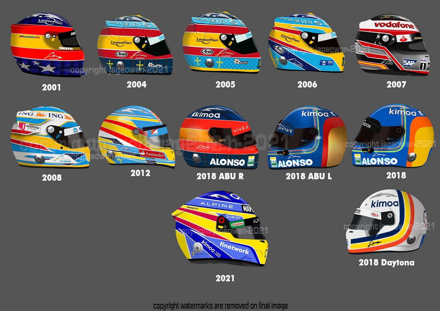 Fernando Alonso F1 Helmet Stickers 2001 2022 | Etsy Hong Kong