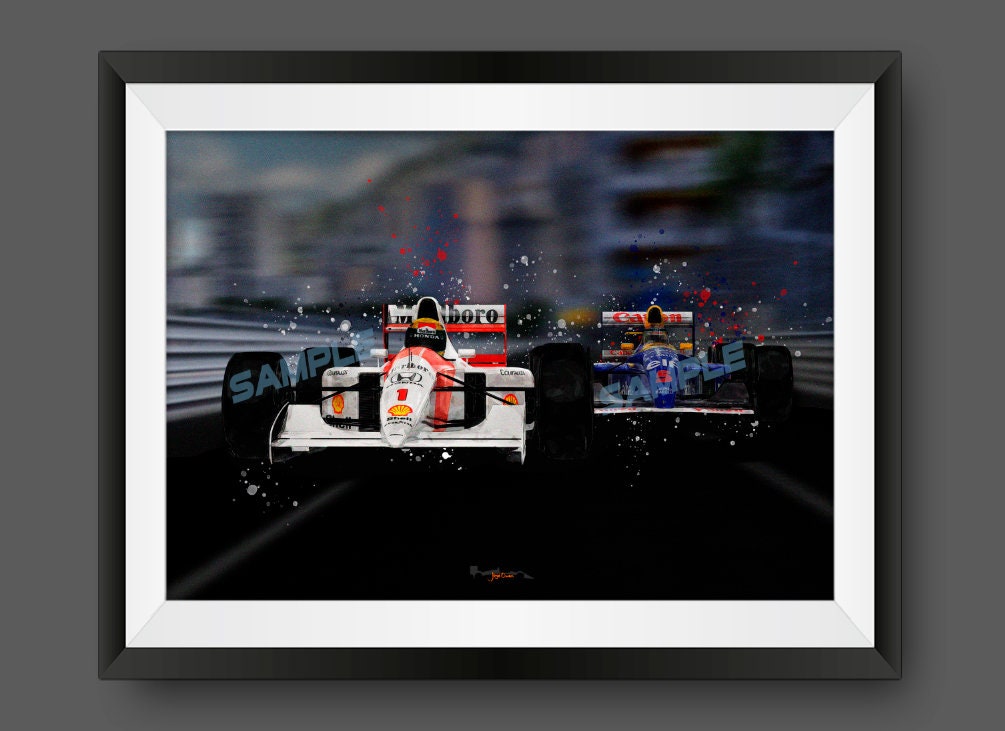 The Battle of Monaco 1992 / セナVSマンセル 水彩画 イラスト 1992年 モナコGP セナ vs マンセル A4サイズ額入り