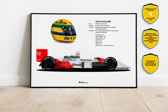 Ayrton Senna F1 Car and Helmet Poster Print Mclaren Wall Art Gift  Illustration, Painting unframed 
