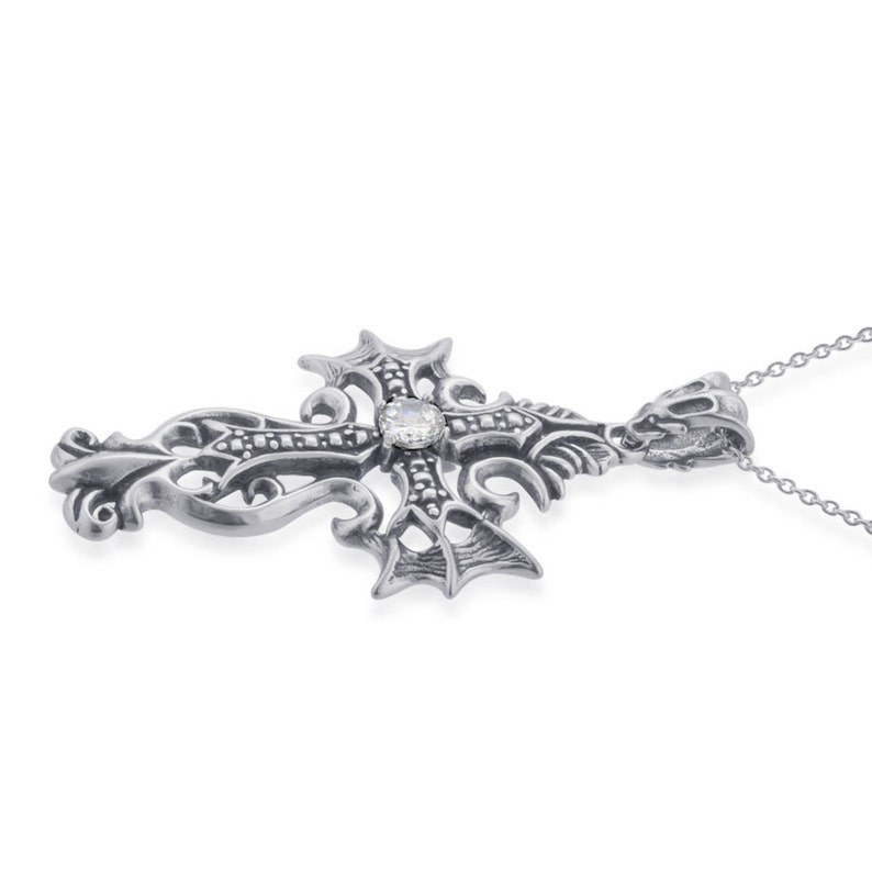 GOTHIC BAT WING Medieval Dark Gunmetal Steel Cross Crystal Witch Vampire Unisex Halloween Pendant