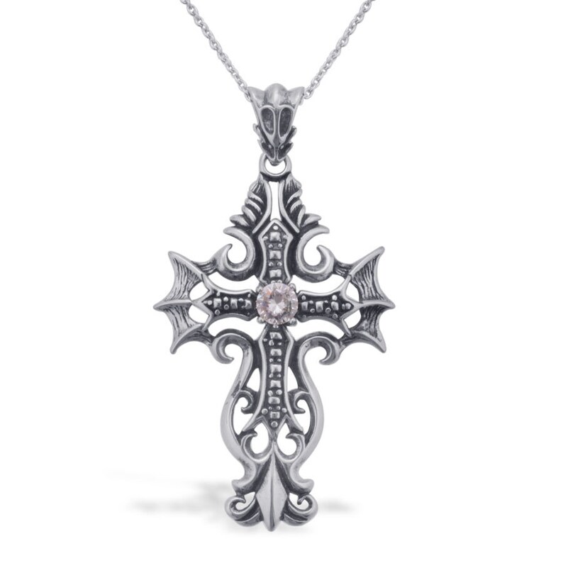 GOTHIC BAT WING Medieval Dark Gunmetal Steel Cross Crystal Witch Vampire Unisex Halloween Pendant