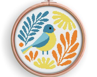 Modern Bird Cross Stitch Pattern PDF | Minimalist Leaves Cross Stitch | Cute Bird Embroidery | Instant Download | Pattern Keeper Compatible