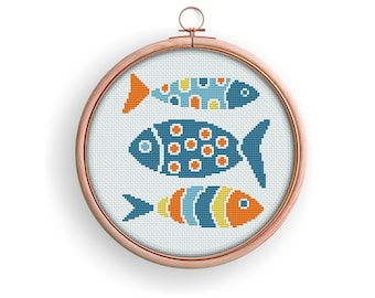 Three Fish Cross Stitch Pattern PDF | Modern Coastal Embroidery Design | Ocean Wall Decor | Instant Download | Cross Stitch Chart | Marine