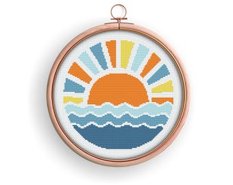 Sun Cross Stitch Pattern PDF | Modern Sunrise Cross Stitch | Ocean Waves Embroidery | Sunset | Instant Download | Pattern Keeper Compatible