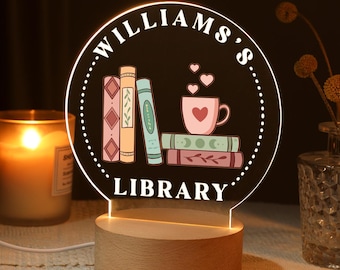 Personalized Library LED Sign, Custom Acrylic Bookshelf Sign, Bookish Home Decor, Gifts for Book Lover, Graduation, Teacher