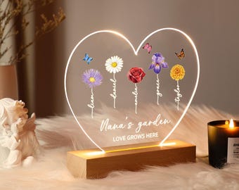 Personalized Gifts for Mom Grandma, Custom Birth Month Flower Night Light, Mum Birthday Gift, Grandma&#39;s Garden, Mother&#39;s Day Gift
