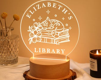 Personalized Library Sign, Custom Book Decor, Bookish Bookshelf Sign, Book Lover Gift, Gifts for readers, LED Sign