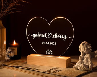 Custom Night Light as Valentines Day Gift, Heart Shape Personalized Night Light, Anniversary Gifts for Him or Her, Romantic Engagement Gift