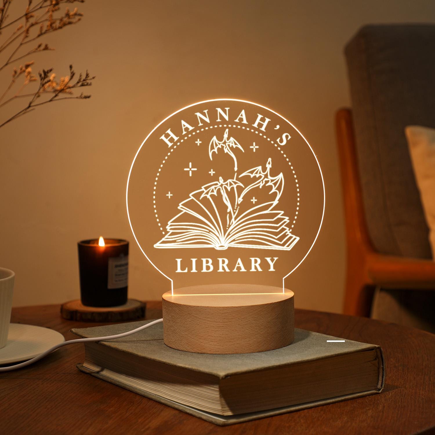Personalized Library Sign, Custom Book Decor, Bookish Lamp, Bookshelf ...