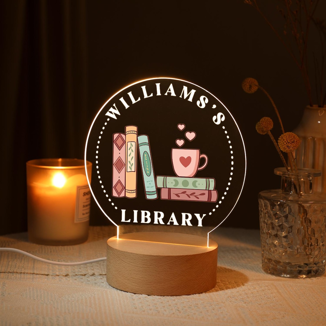 Personalized Library LED Sign, Custom Acrylic Bookshelf Sign, Bookish ...