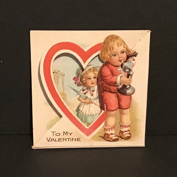 Vintage Valentine Card 1922 Die Cut Boy Calling on Telephone Sweet Little Girl