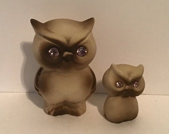 Vintage Pair Owl Figures Ceramic with Clear Jeweled Glass Eyes USA Grey & Brown