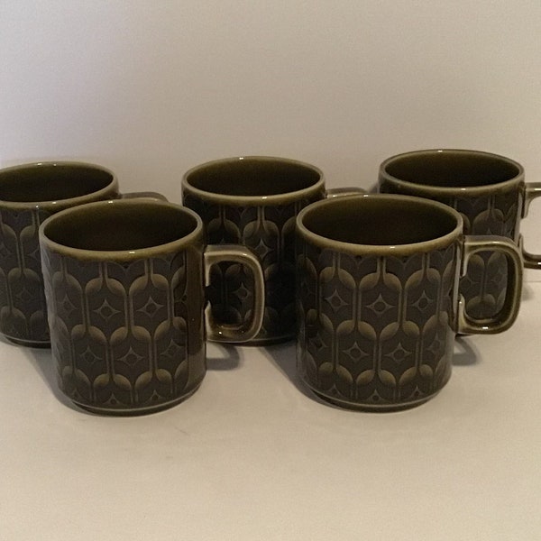 Hornsea England John Clappison Green & Black Heirloom Pottery 1970s Mugs Set of 5