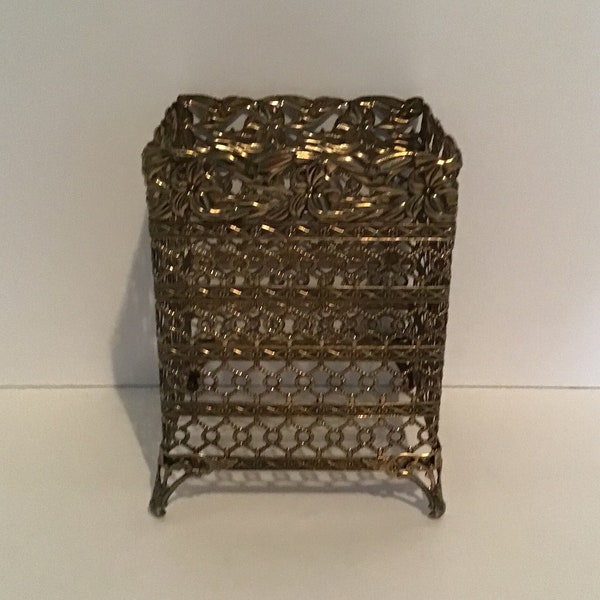 Vintage 1960’s Gold Tone Filigree Square Tissue Box Cover Hollywood Regency