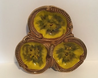 Vintage Maurice of California 3 Section Yellow Brown Nuts Candy Server