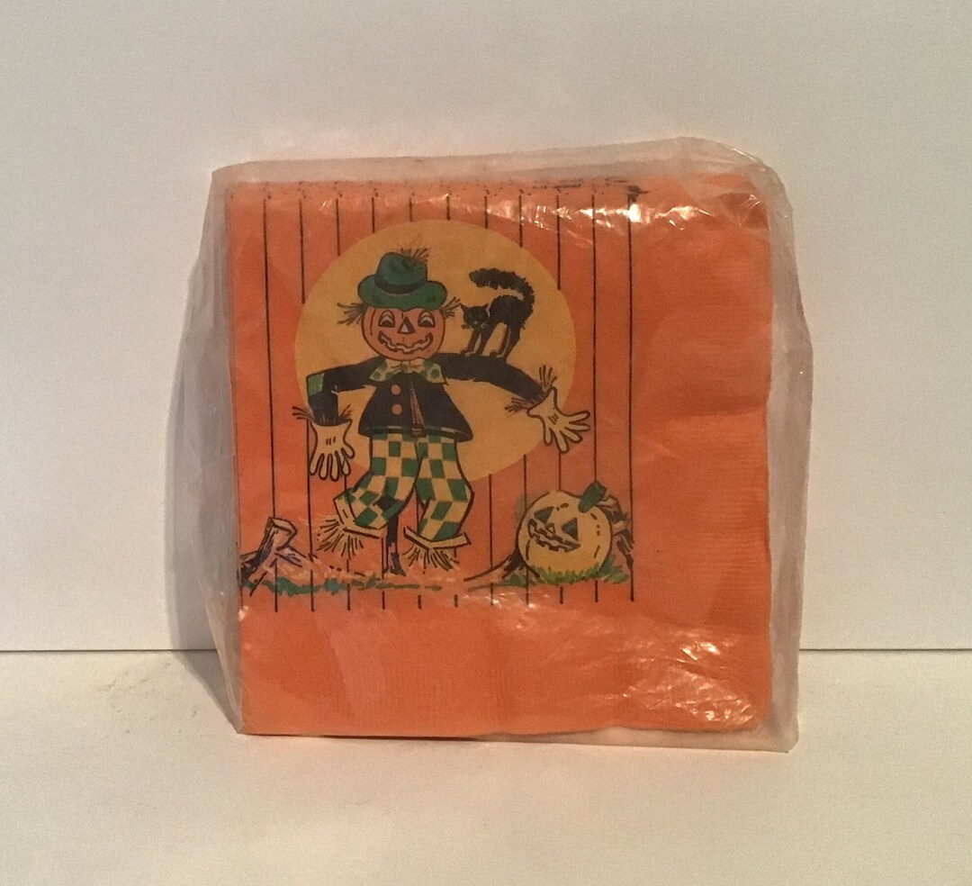 Vintage Halloween Paper Napkins 12 Pc. Scarecrow Black Cat Etsy