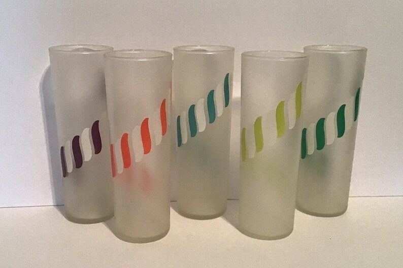 Set of 5 Vintage Libby Frosted Candy Stripe Tom Collins Glass Barware