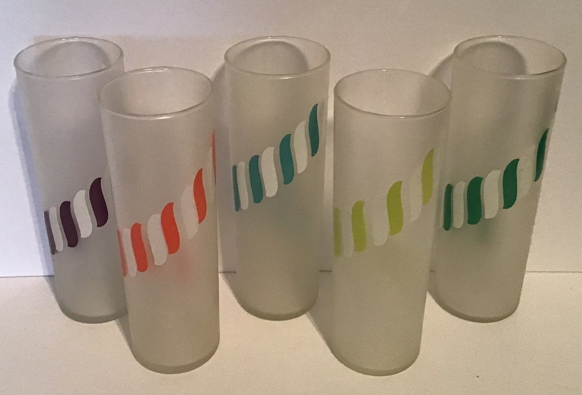 Set of 5 Vintage Libby Frosted Candy Stripe Tom Collins Glass Barware