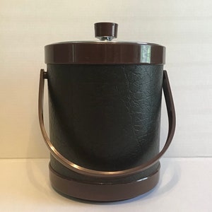 Vintage Mid Century Atapco Ice Bucket Leather Look Vinyl Brown Silver Trim