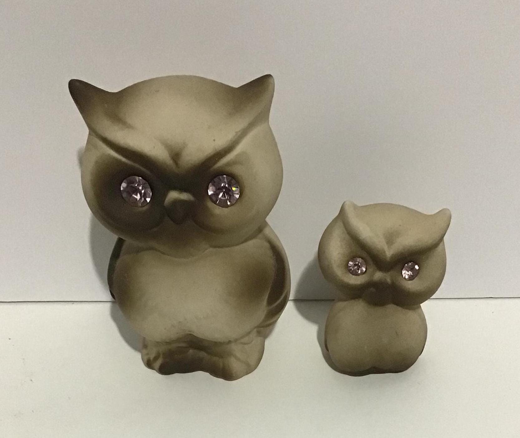 Vintage Pair Owl Figures Ceramic with Clear Jeweled Glass Eyes USA Grey & Brown