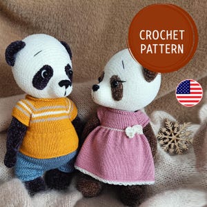 Padrão de crochê de panda, Panda amigurumi com camisa e calça ou vestido, Padrão de tricô, Panda com roupas, Tutorial de crochê,