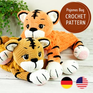 Tiger Crochet PATTERN, crochet pajama bag pattern, Tiger Amigurumi patterns, Crochet Tiger tutorial, PDF English German, Pajamas holder