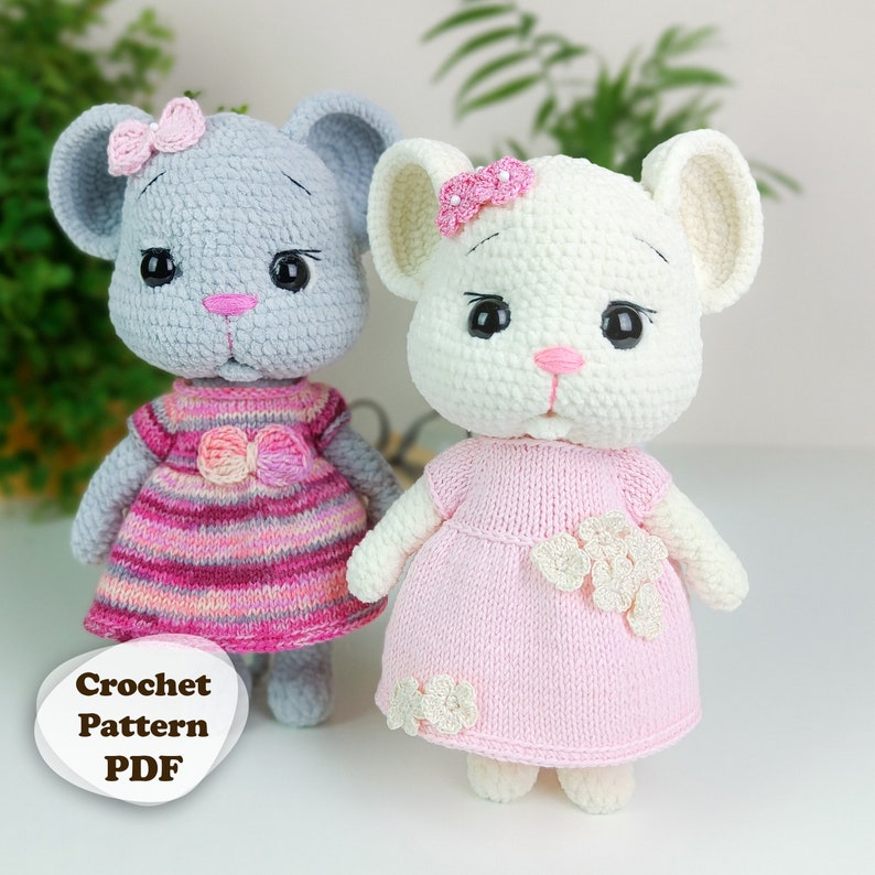 Muis haakpatroon met jurkje, muis amigurumi patroon, breipatroon, haak speelgoed patroon, knuffel, Engelse PDF afbeelding 1