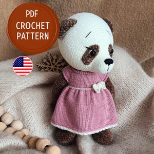 Padrão de crochê de panda, panda amigurumi com vestido, padrão de amigurumi, panda com roupas, tutorial de crochê, padrão de tricô