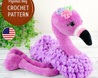 Crochet Pajama Bag Pattern, Flamingo Crochet PATTERN, Amigurumi patterns, Plush Pattern, Amigurumi flamingo