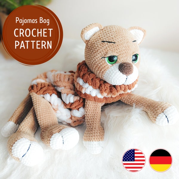 Cat Crochet PATTERN | Crochet pajama bag pattern  | Beginner crochet pattern | Amigurumi Cat | Crochet Toy | Pajamas holder |