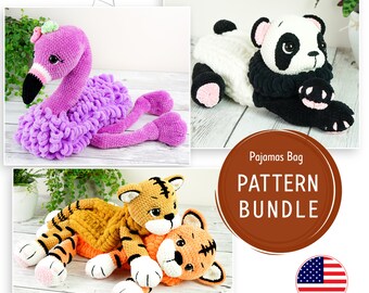 Crochet Pattern Bundle | Pajamas Bag Pattern | Crochet Pattern Flamingo | Crochet Pattern Tiger| Beginner pattern | Crochet Pattern Panda