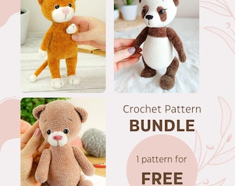 Amigurumi-virkmönsterpaket: Katt, Panda, Nallebjörn (PDF-mönster)