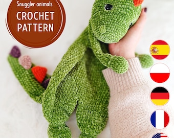 Dinosaur Snuggler Pattern, Dinosaur lovey, Crochet Pattern, Crochet Comforter, Dinosaur Blanket, PDF in English, French, German, Polish
