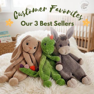 Baby-Kuscheltier-Häkelmuster-Set (PDF), Hase, Dinosaurier & Esel Amigurumi-Anleitungen