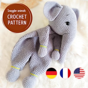 Comforter Elephant, Crochet Elephant, Snuggler Crochet, Crochet Comforter, Comforter Pattern, Pattern Blanket PDF in English, French, German