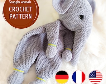 Comforter Elephant, Crochet Elephant, Snuggler Crochet, Crochet Comforter, Comforter Pattern, Pattern Blanket PDF in English, French, German